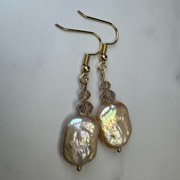 Gold Pearl & Crystal Earrings - Natural Freshwater Pearl - Picture 5 of 5